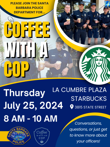 Informational flyer showing cops with coffee, a starbucks logo, and event details.