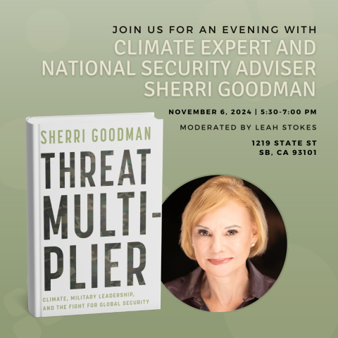 Image of a book cover that reads "Threat Multiplier" by Sherri Goodman, and an image of the author, a white woman with short blonde hair