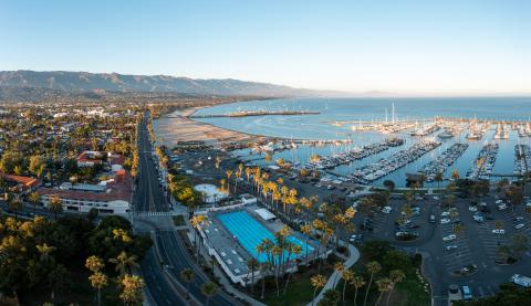 Aerial view of Los Baños del Mar and its close proximity to the ocean and West Beach