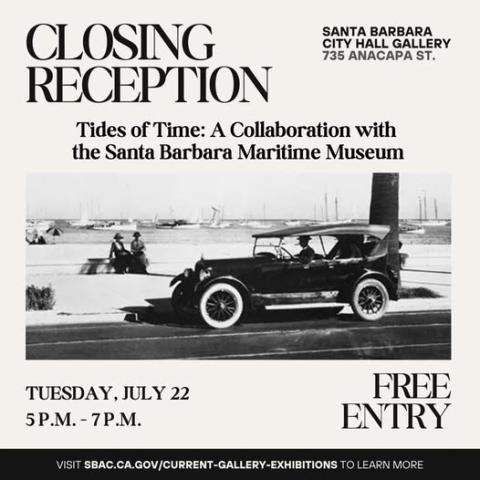 closing reception of "Tides of Time" on July 22, 5 pm to 7 pm at City hall